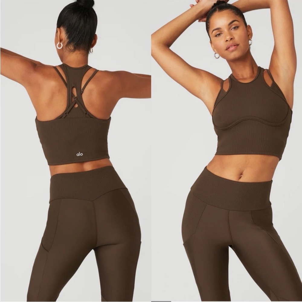 Alo Yoga Ribbed Airlift Enchanted Bra Tank and High-Waist Leggings in Espresso